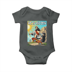 He is Rizzen Baby Onesie Funny Jesus Skateboarding Christian Meme TS10 Dark Heather Print Your Wear