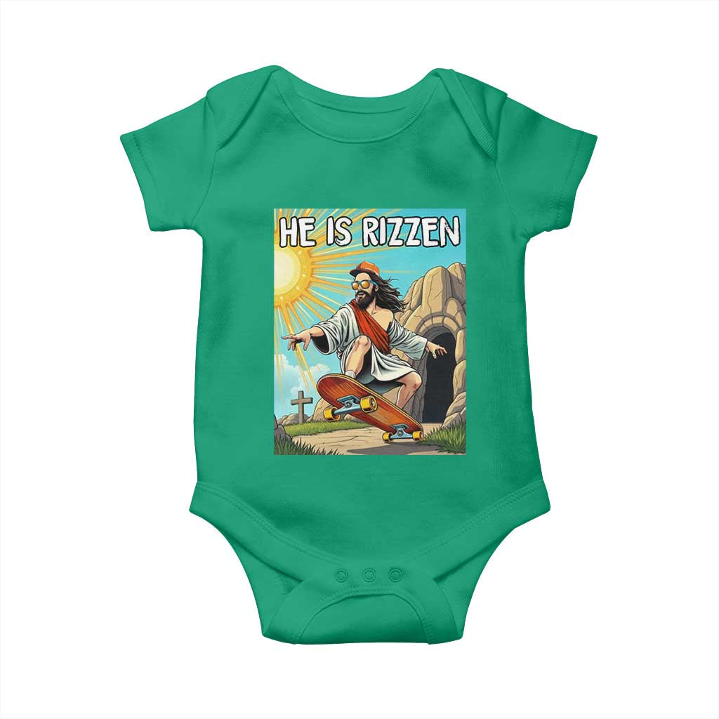 He is Rizzen Baby Onesie Funny Jesus Skateboarding Christian Meme TS10 Irish Green Print Your Wear