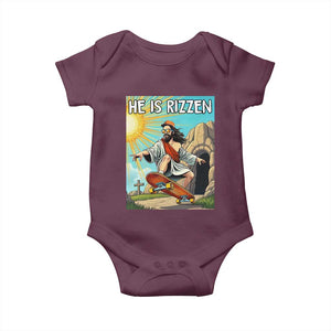 He is Rizzen Baby Onesie Funny Jesus Skateboarding Christian Meme TS10 Maroon Print Your Wear