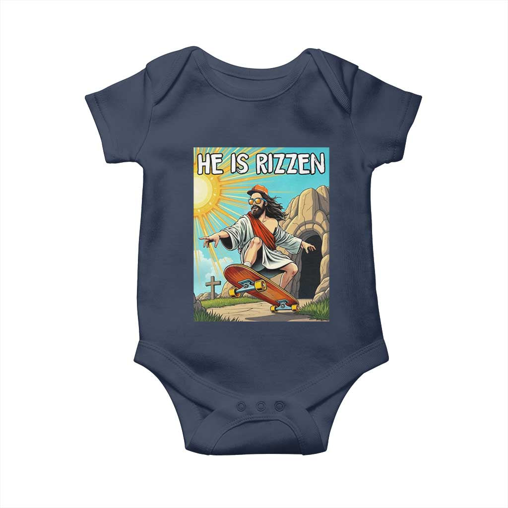 He is Rizzen Baby Onesie Funny Jesus Skateboarding Christian Meme TS10 Navy Print Your Wear