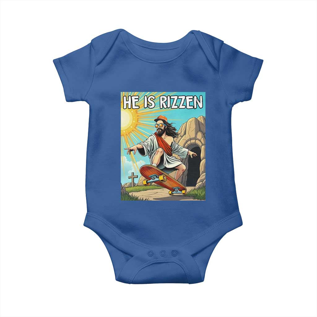 He is Rizzen Baby Onesie Funny Jesus Skateboarding Christian Meme TS10 Royal Blue Print Your Wear