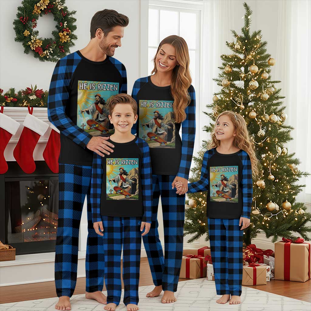 He is Rizzen Plaid Pajama Set Funny Jesus Skateboarding Christian Meme TS10 Blue Plaid Print Your Wear