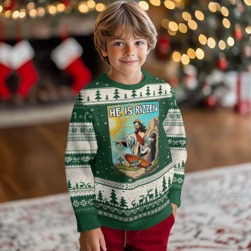 He is Rizzen Ugly Christmas Sweater Funny Jesus Skateboarding Christian Meme TS10 Forest Green Beige Print Your Wear