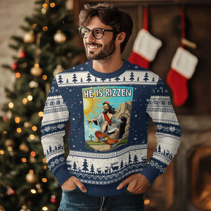 He is Rizzen Ugly Christmas Sweater Funny Jesus Skateboarding Christian Meme TS10 Navy Beige Print Your Wear