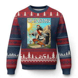 He is Rizzen Ugly Christmas Sweater Funny Jesus Skateboarding Christian Meme TS10 Navy Red Print Your Wear