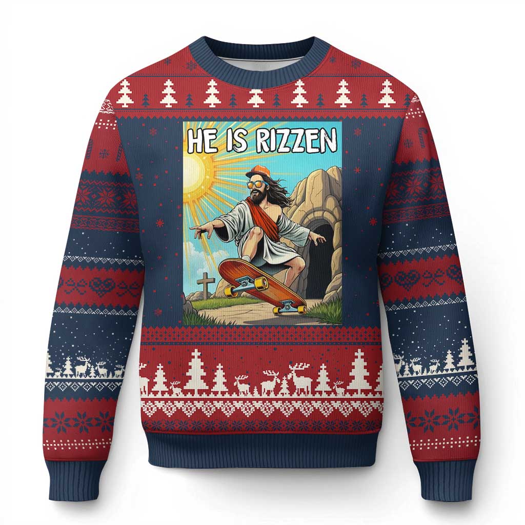 He is Rizzen Ugly Christmas Sweater Funny Jesus Skateboarding Christian Meme TS10 Navy Red Print Your Wear