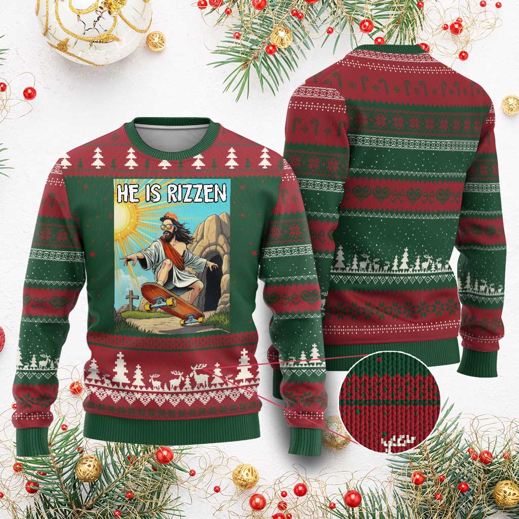 He is Rizzen Ugly Christmas Sweater Funny Jesus Skateboarding Christian Meme TS10 Red Green Print Your Wear