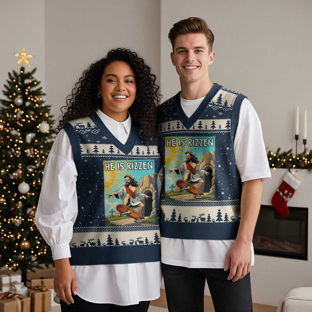 He is Rizzen V-Neck Knit Sweater Vest Funny Jesus Skateboarding Christian Meme TS10 Navy Beige Print Your Wear