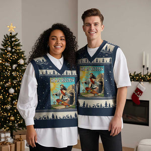 He is Rizzen V-Neck Knit Sweater Vest Funny Jesus Skateboarding Christian Meme TS10 Navy Beige Print Your Wear