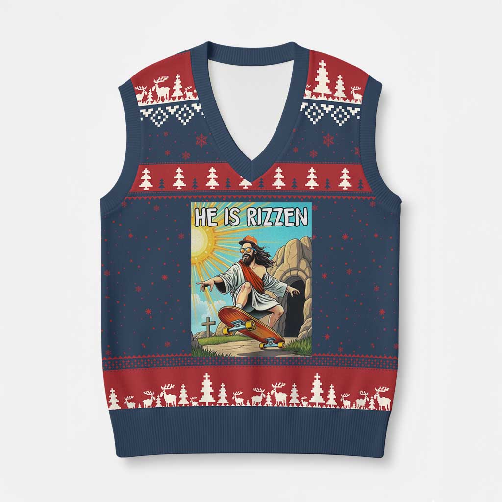 He is Rizzen V-Neck Knit Sweater Vest Funny Jesus Skateboarding Christian Meme TS10 Navy Red Print Your Wear