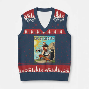 He is Rizzen V-Neck Knit Sweater Vest Funny Jesus Skateboarding Christian Meme TS10 Navy Red Print Your Wear