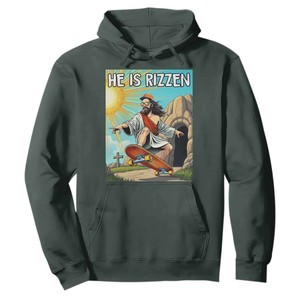 He is Rizzen Hoodie Funny Jesus Skateboarding Christian Meme TS10 Dark Forest Green Print Your Wear