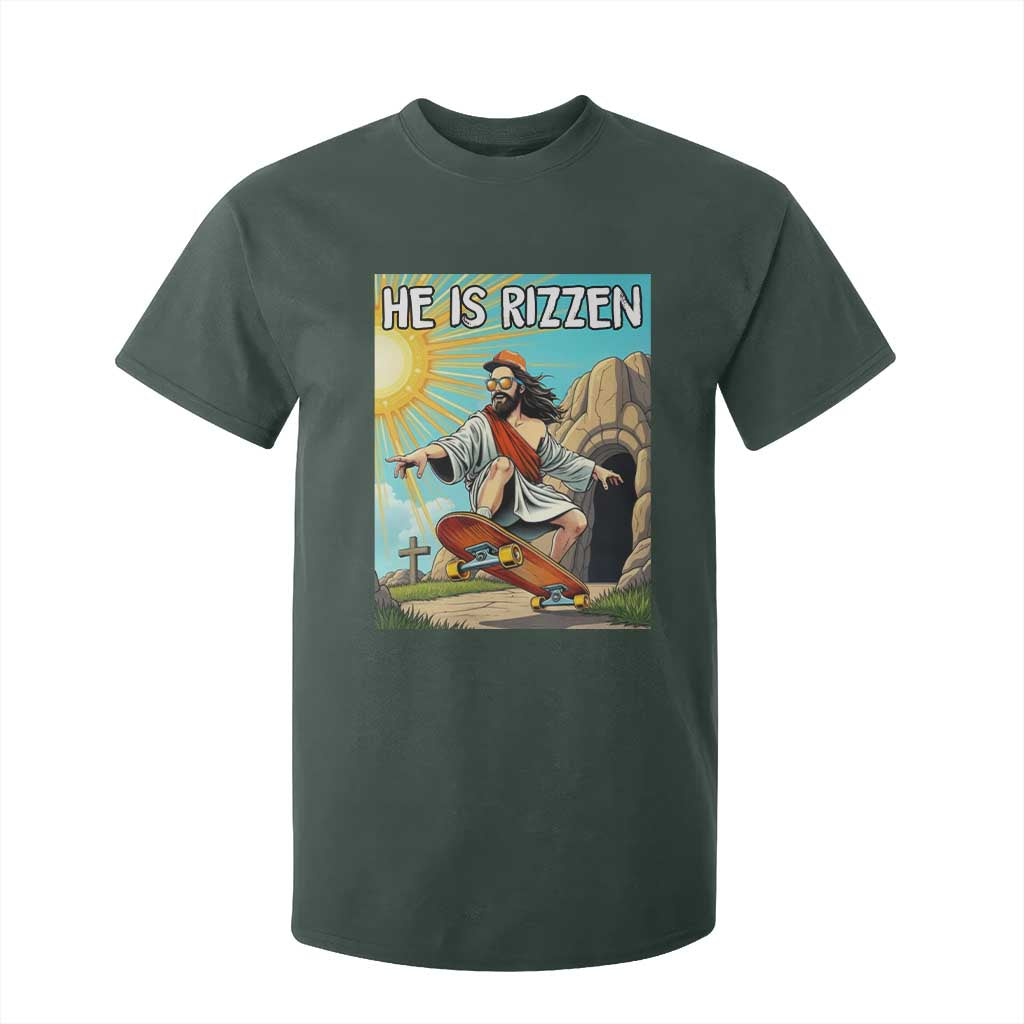 He is Rizzen T Shirt For Kid Funny Jesus Skateboarding Christian Meme TS10 Dark Forest Green Print Your Wear