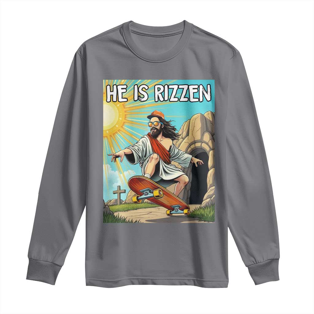 He is Rizzen Long Sleeve Shirt Funny Jesus Skateboarding Christian Meme TS10 Charcoal Print Your Wear