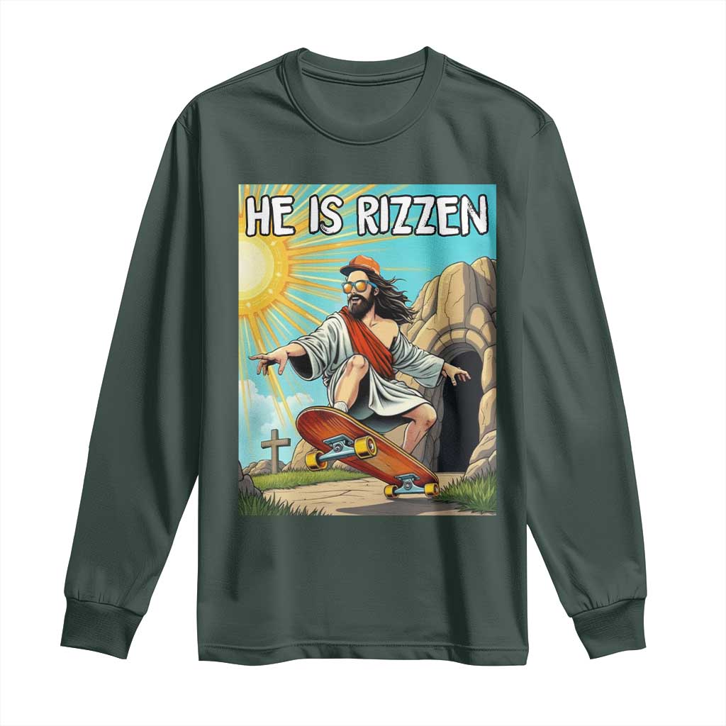 He is Rizzen Long Sleeve Shirt Funny Jesus Skateboarding Christian Meme TS10 Dark Forest Green Print Your Wear