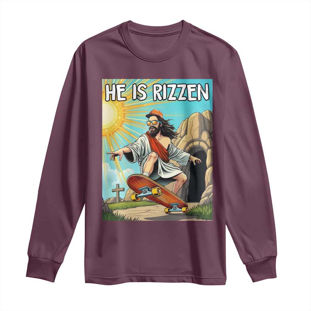 He is Rizzen Long Sleeve Shirt Funny Jesus Skateboarding Christian Meme TS10 Maroon Print Your Wear