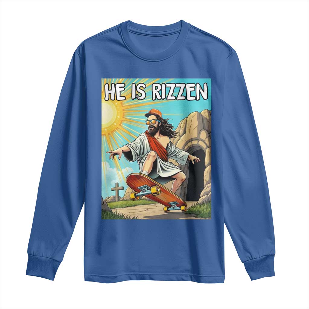 He is Rizzen Long Sleeve Shirt Funny Jesus Skateboarding Christian Meme TS10 Royal Blue Print Your Wear