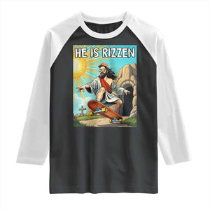 He is Rizzen Raglan Shirt Funny Jesus Skateboarding Christian Meme TS10 Black White Print Your Wear