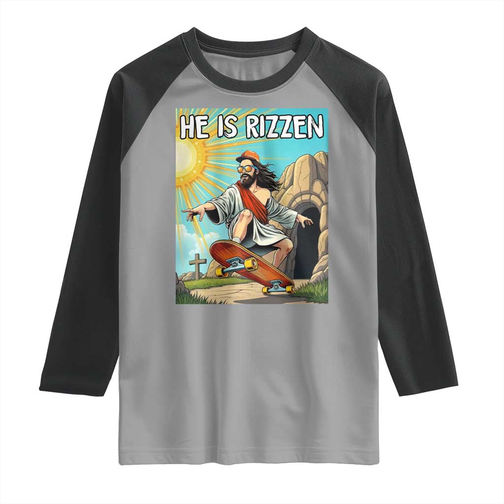 He is Rizzen Raglan Shirt Funny Jesus Skateboarding Christian Meme TS10 Sport Gray Black Print Your Wear