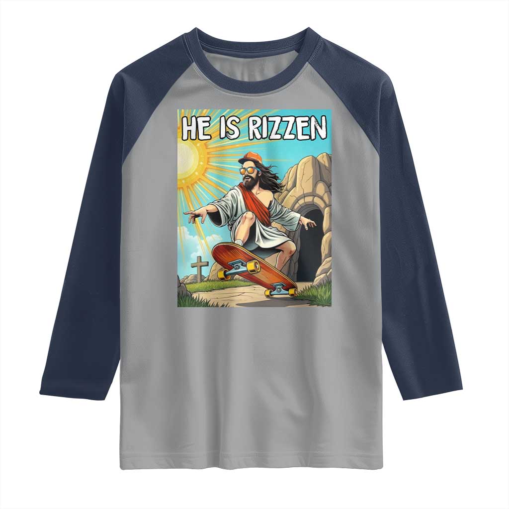 He is Rizzen Raglan Shirt Funny Jesus Skateboarding Christian Meme TS10 Sport Gray Navy Print Your Wear