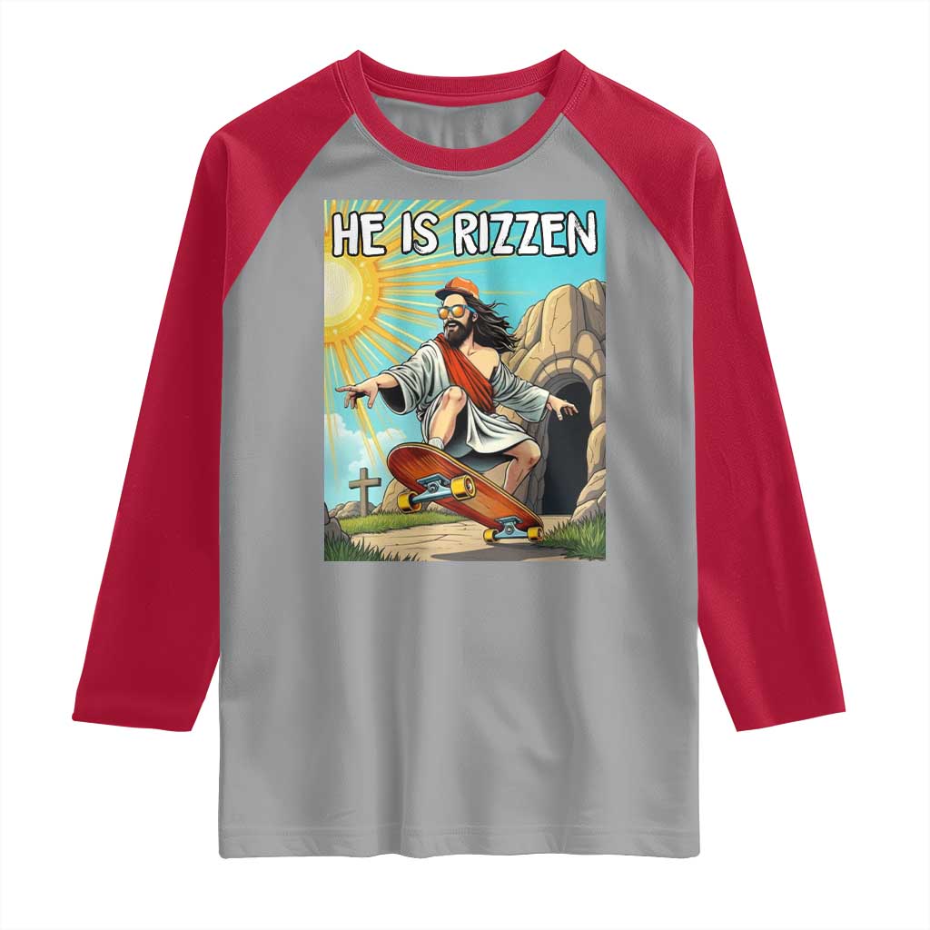 He is Rizzen Raglan Shirt Funny Jesus Skateboarding Christian Meme TS10 Sport Gray Red Print Your Wear