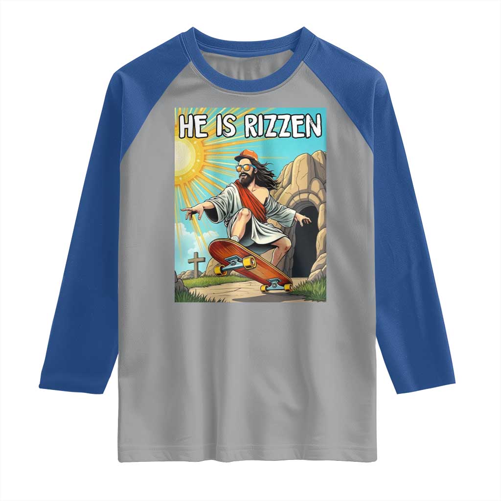 He is Rizzen Raglan Shirt Funny Jesus Skateboarding Christian Meme TS10 Sport Gray Royal Print Your Wear