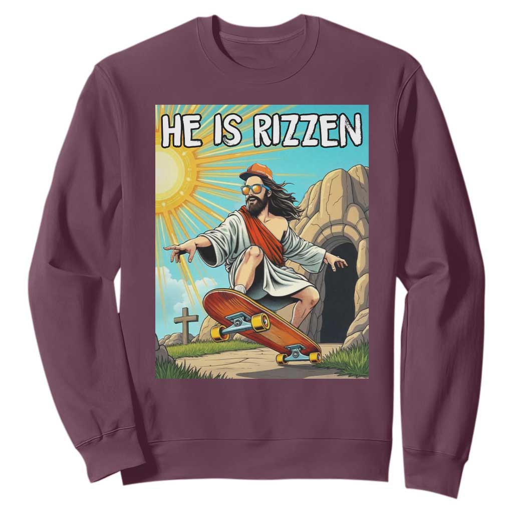 He is Rizzen Sweatshirt Funny Jesus Skateboarding Christian Meme TS10 Maroon Print Your Wear