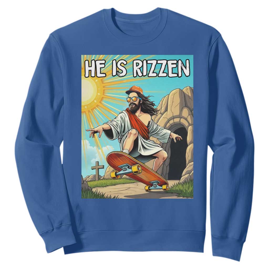 He is Rizzen Sweatshirt Funny Jesus Skateboarding Christian Meme TS10 Royal Blue Print Your Wear