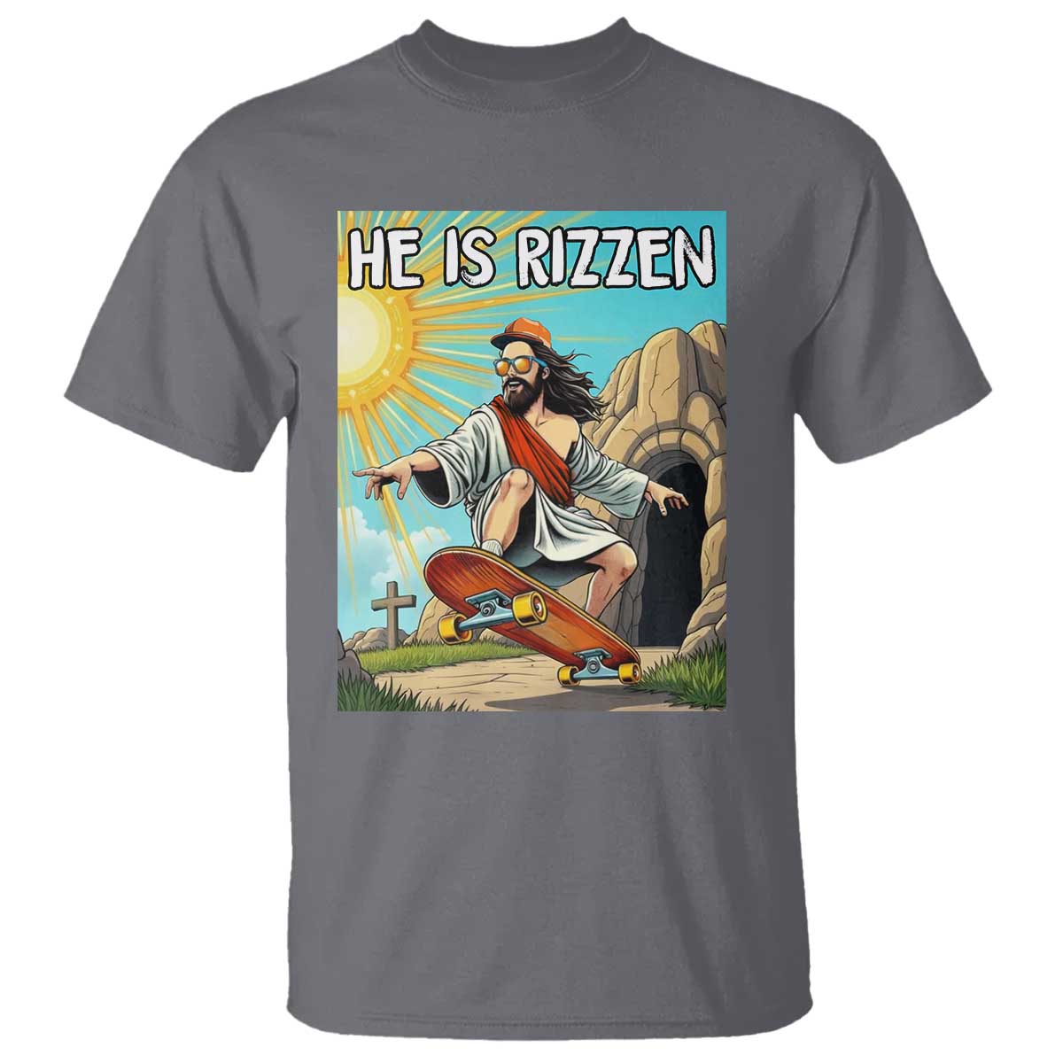 He is Rizzen T Shirt Funny Jesus Skateboarding Christian Meme TS10 Charcoal Print Your Wear