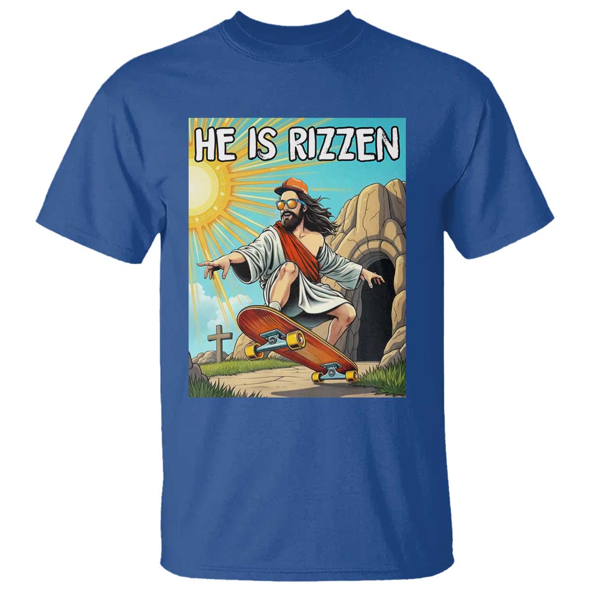He is Rizzen T Shirt Funny Jesus Skateboarding Christian Meme TS10 Royal Blue Print Your Wear
