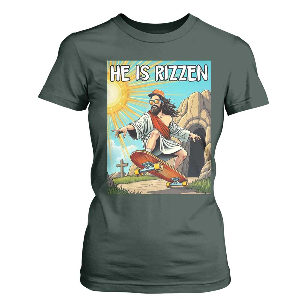 He is Rizzen T Shirt For Women Funny Jesus Skateboarding Christian Meme TS10 Dark Forest Green Print Your Wear