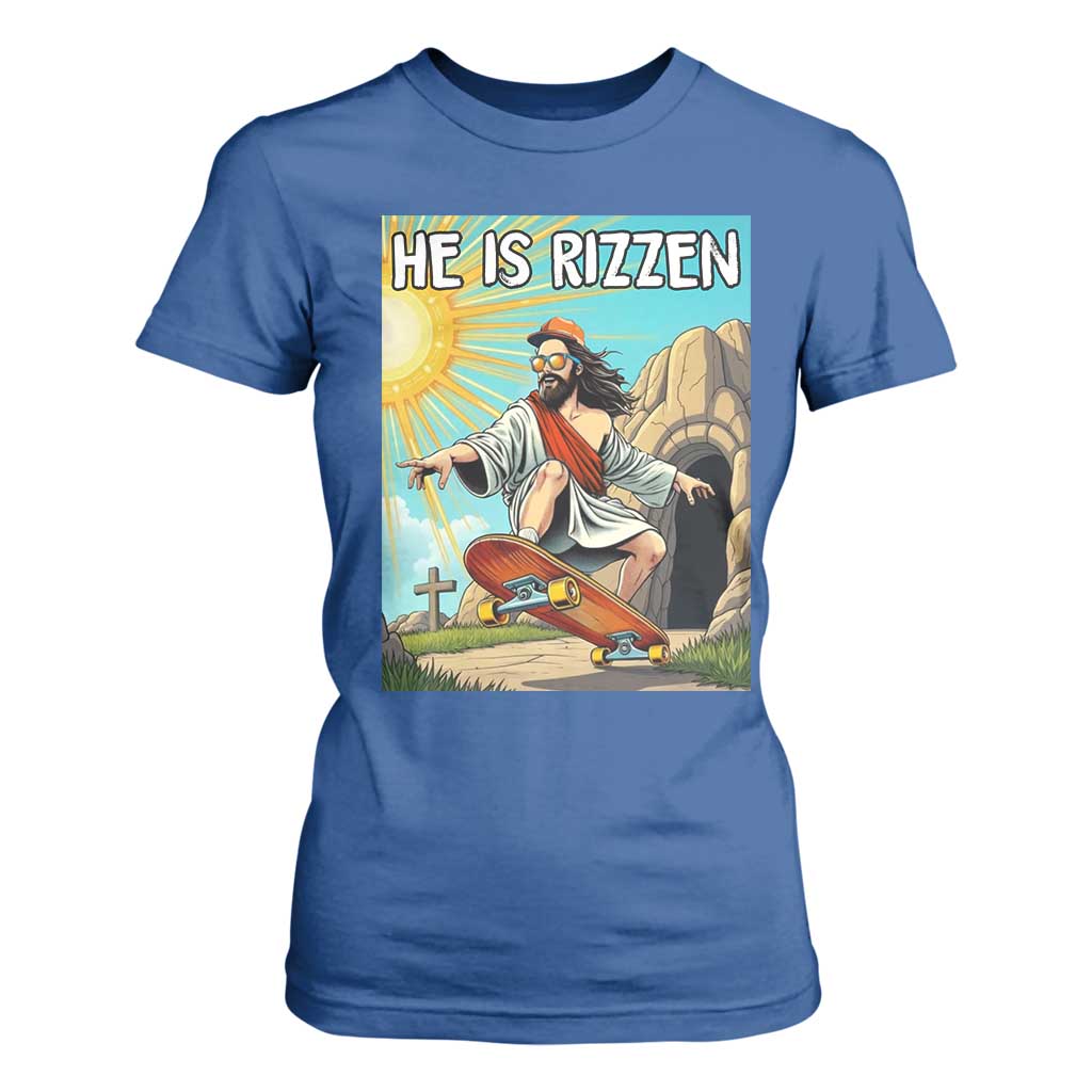 He is Rizzen T Shirt For Women Funny Jesus Skateboarding Christian Meme TS10 Royal Blue Print Your Wear