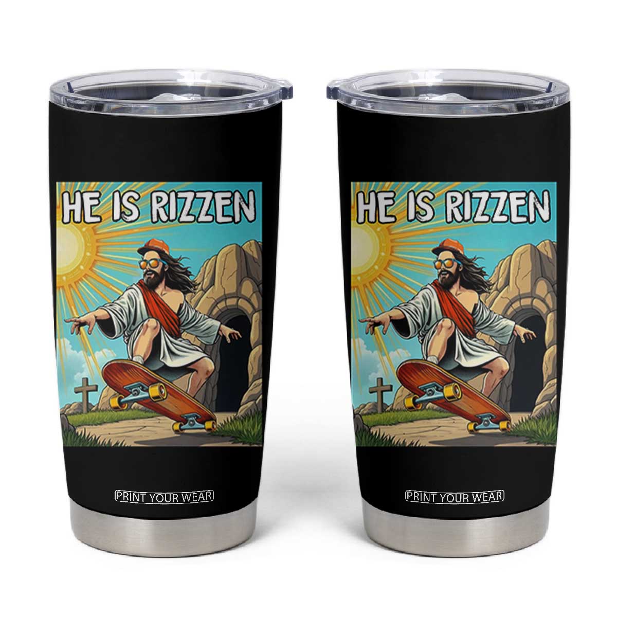 He is Rizzen Tumbler Cup Funny Jesus Skateboarding Christian Meme TS10 Black Print Your Wear