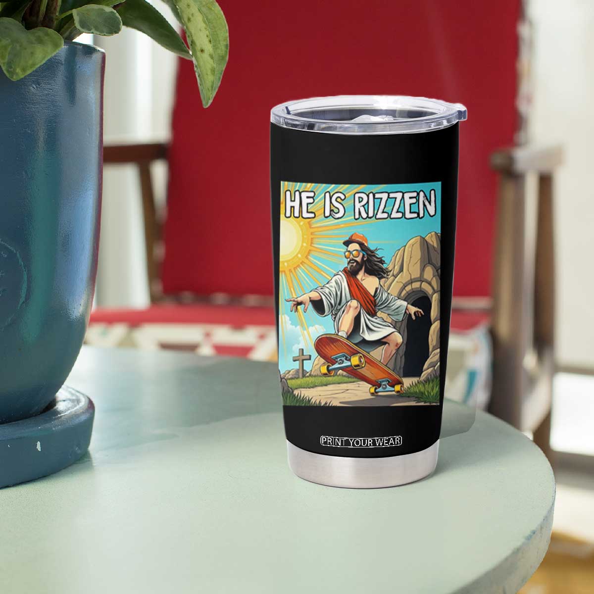 He is Rizzen Tumbler Cup Funny Jesus Skateboarding Christian Meme TS10 Print Your Wear