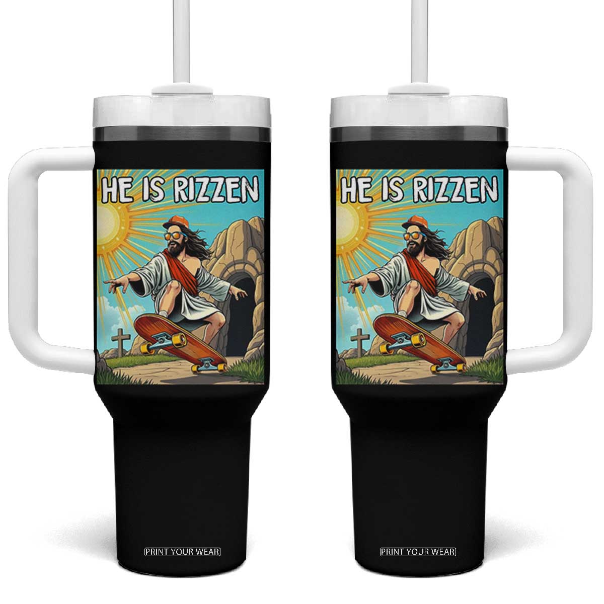 He is Rizzen Tumbler With Handle Funny Jesus Skateboarding Christian Meme TS10 One Size: 40 oz Black Print Your Wear