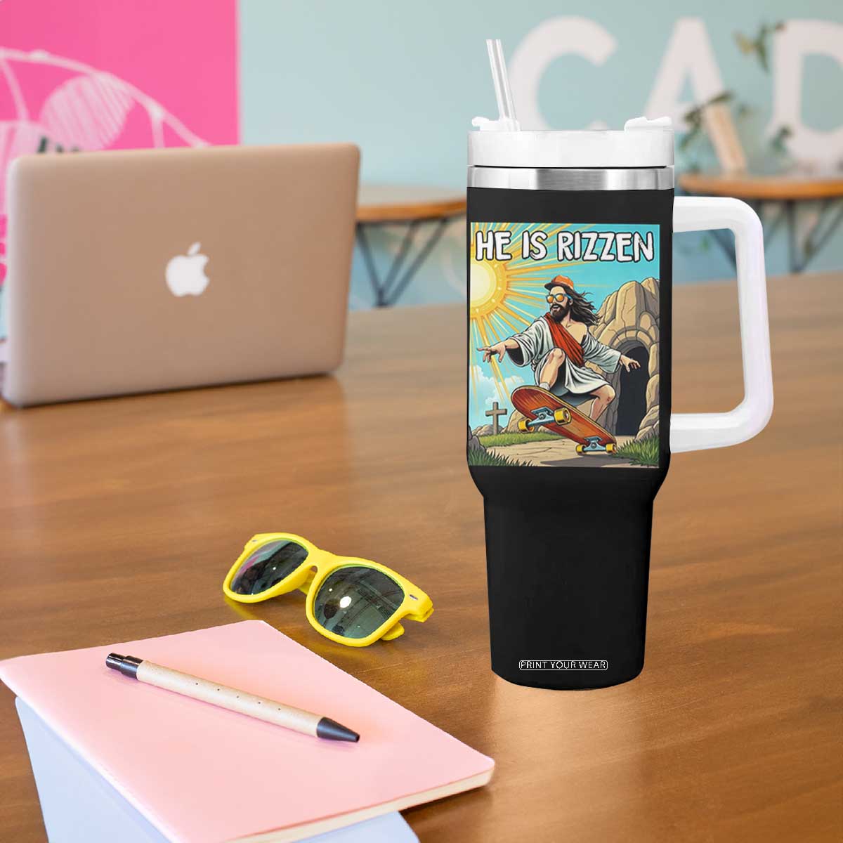 He is Rizzen Tumbler With Handle Funny Jesus Skateboarding Christian Meme TS10 Print Your Wear