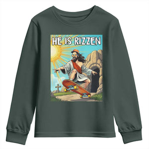 He is Rizzen Youth Sweatshirt Funny Jesus Skateboarding Christian Meme TS10 Dark Forest Green Print Your Wear