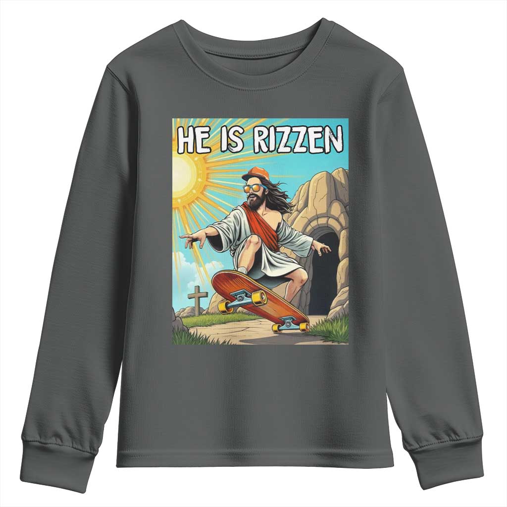 He is Rizzen Youth Sweatshirt Funny Jesus Skateboarding Christian Meme TS10 Dark Heather Print Your Wear