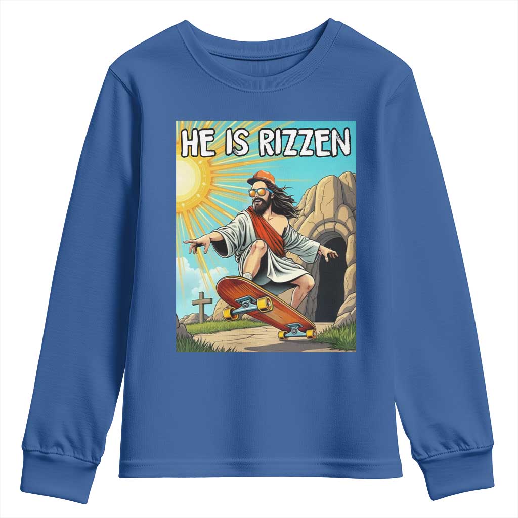 He is Rizzen Youth Sweatshirt Funny Jesus Skateboarding Christian Meme TS10 Royal Blue Print Your Wear