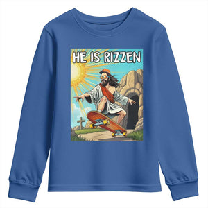 He is Rizzen Youth Sweatshirt Funny Jesus Skateboarding Christian Meme TS10 Royal Blue Print Your Wear