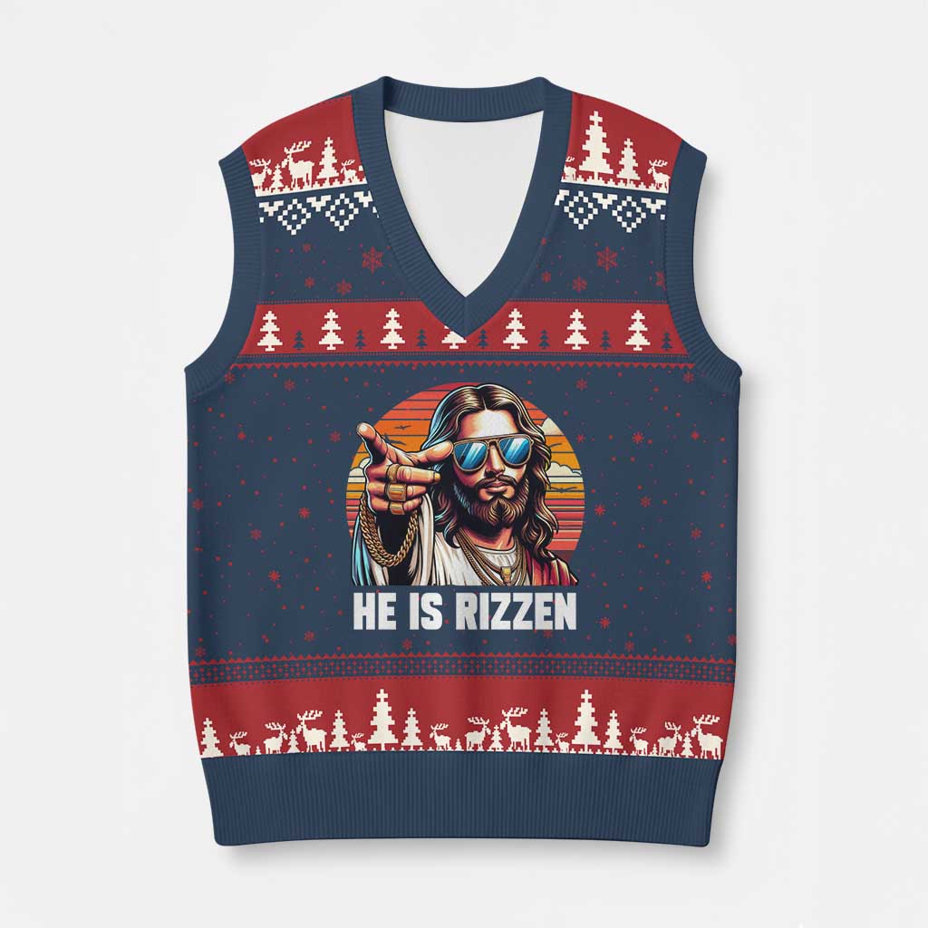 He is Rizzin V-Neck Knit Sweater Vest Funny Jesus Vintage Faith TS10 Navy Red Print Your Wear
