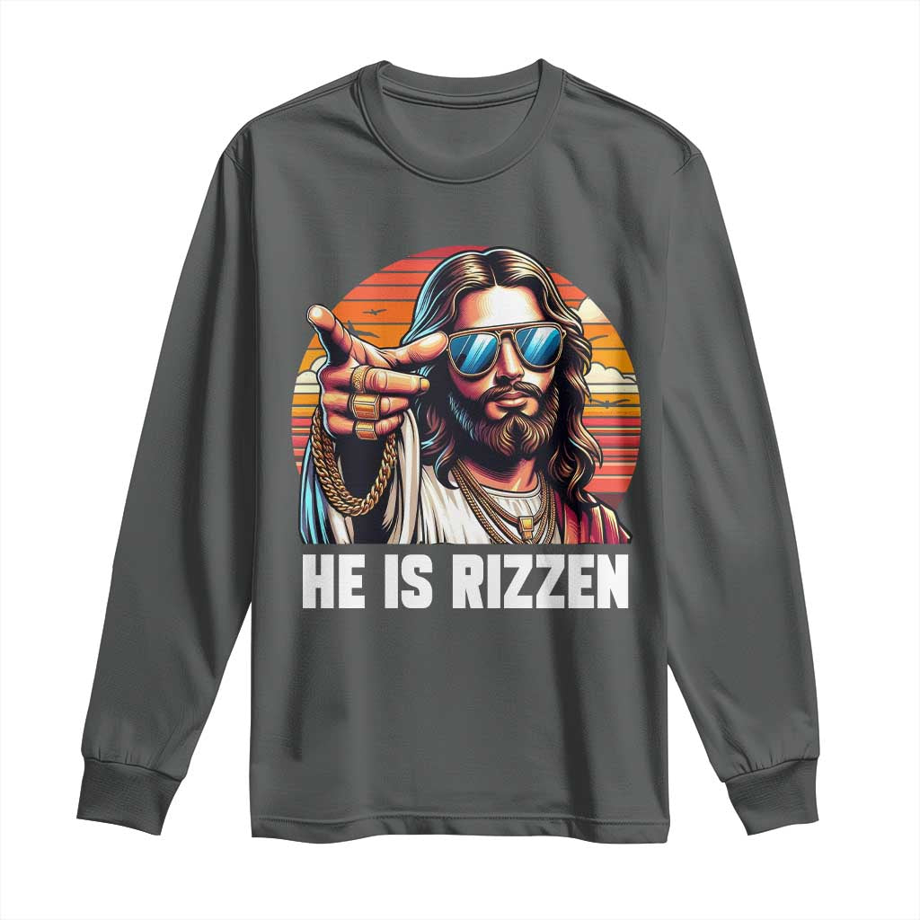 He is Rizzin Long Sleeve Shirt Funny Jesus Vintage Faith TS10 Dark Heather Print Your Wear
