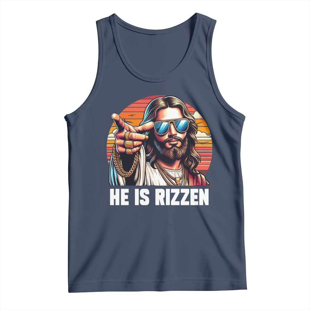 He is Rizzin Tank Top Funny Jesus Vintage Faith TS10 Navy Print Your Wear