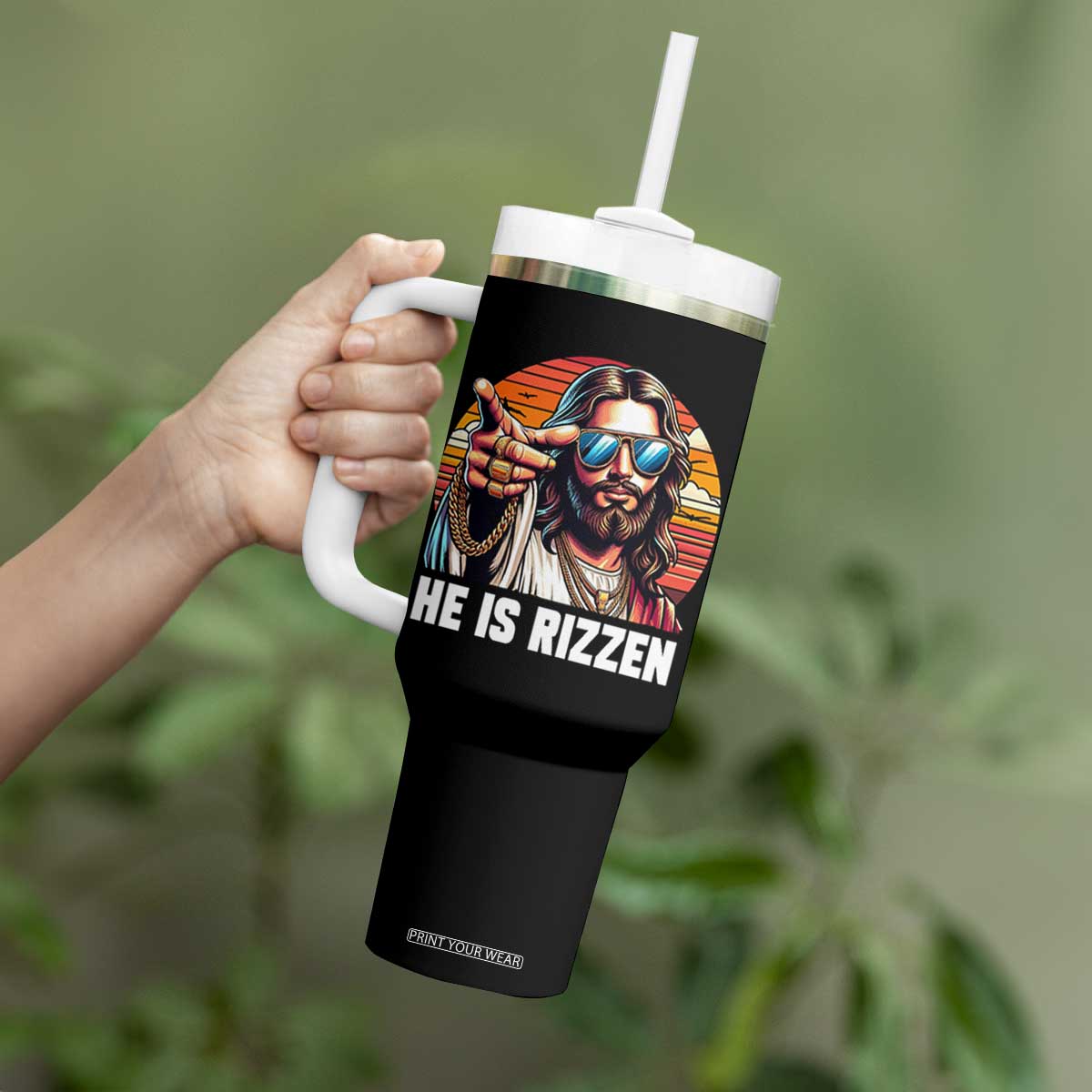 He is Rizzin Tumbler With Handle Funny Jesus Vintage Faith TS10 Print Your Wear