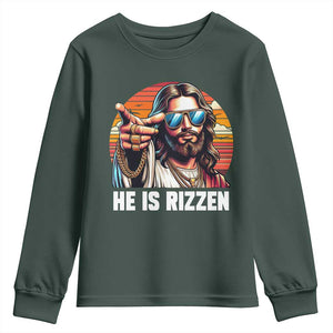 He is Rizzin Youth Sweatshirt Funny Jesus Vintage Faith TS10 Dark Forest Green Print Your Wear