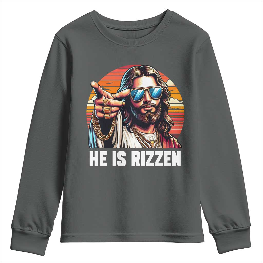 He is Rizzin Youth Sweatshirt Funny Jesus Vintage Faith TS10 Dark Heather Print Your Wear