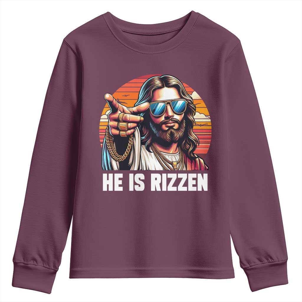 He is Rizzin Youth Sweatshirt Funny Jesus Vintage Faith TS10 Maroon Print Your Wear