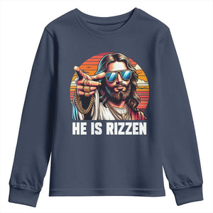 He is Rizzin Youth Sweatshirt Funny Jesus Vintage Faith TS10 Navy Print Your Wear