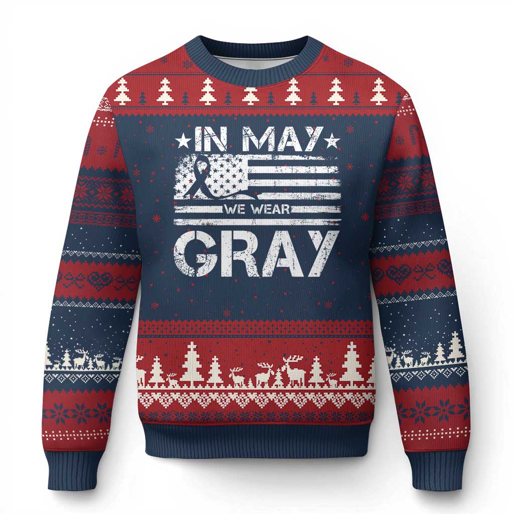 Brain Cancer Awareness Ugly Christmas Sweater In May We Wear Gray US Flag TS10 Navy Red Print Your Wear