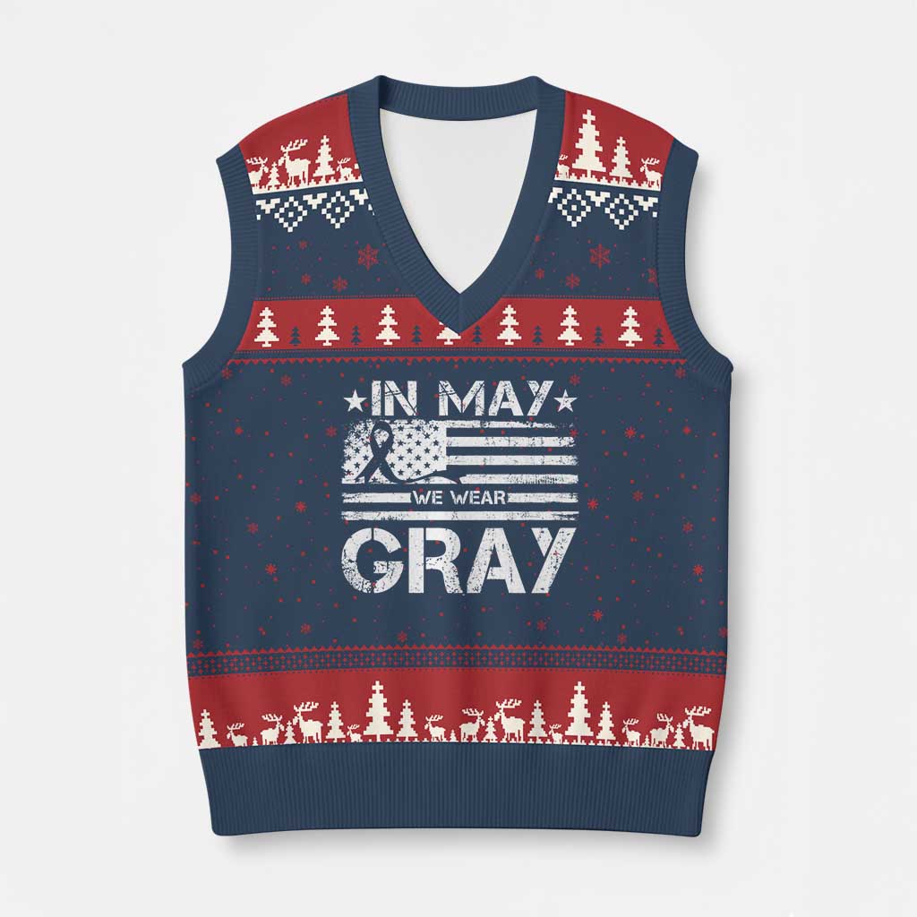 Brain Cancer Awareness V-Neck Knit Sweater Vest In May We Wear Gray US Flag TS10 Navy Red Print Your Wear